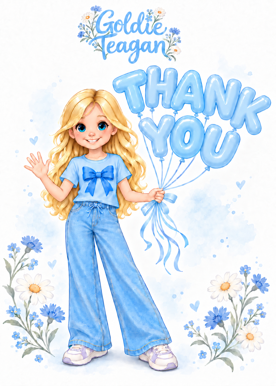 Goldie Teagan holding blue balloons that spell Thank You