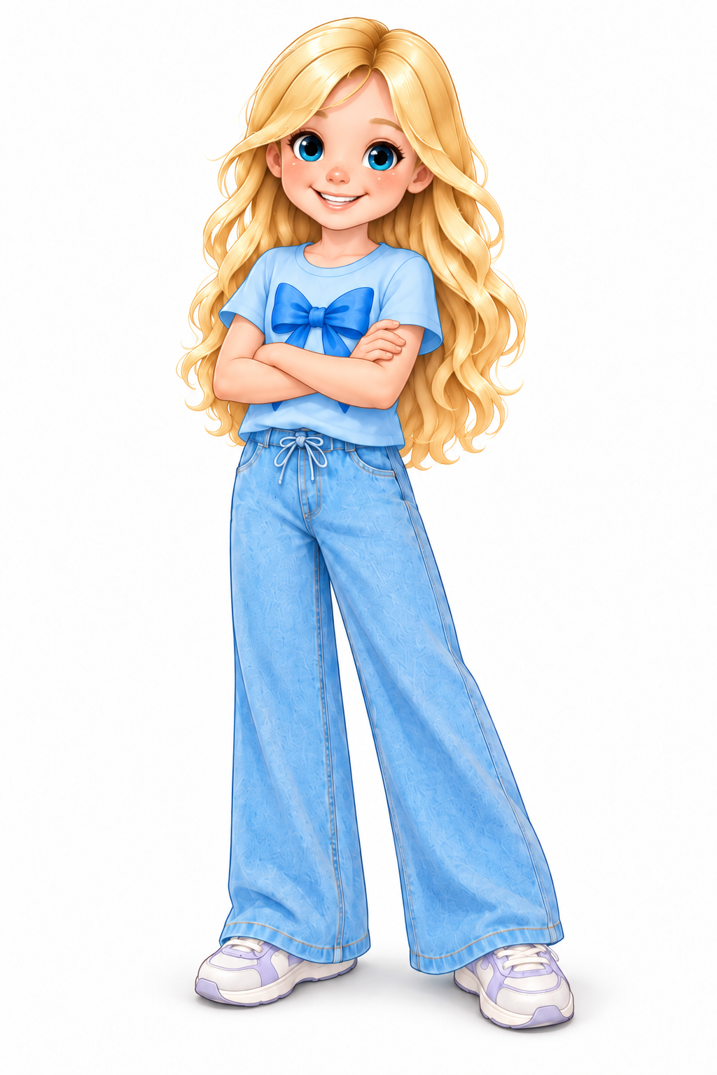 Illustration of Goldie Teagan, a smiling girl with long blonde hair in a blue bow t-shirt and wide-leg jeans
